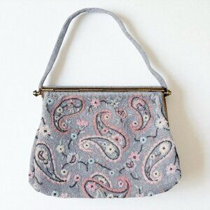 Vintage French Beaded Clutch Evening Bag Gray Pink Floral Seed Bead 50s Handmade